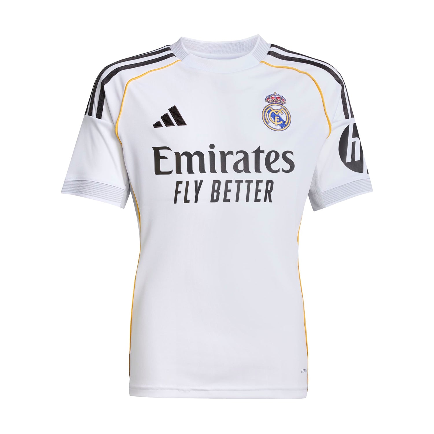 Front view of Real Madrid youth 25/26 replica home jersey for kids, showing team logo and design details Front view of Real Madrid youth 25/26 replica home jersey for kids, showing team logo and design details