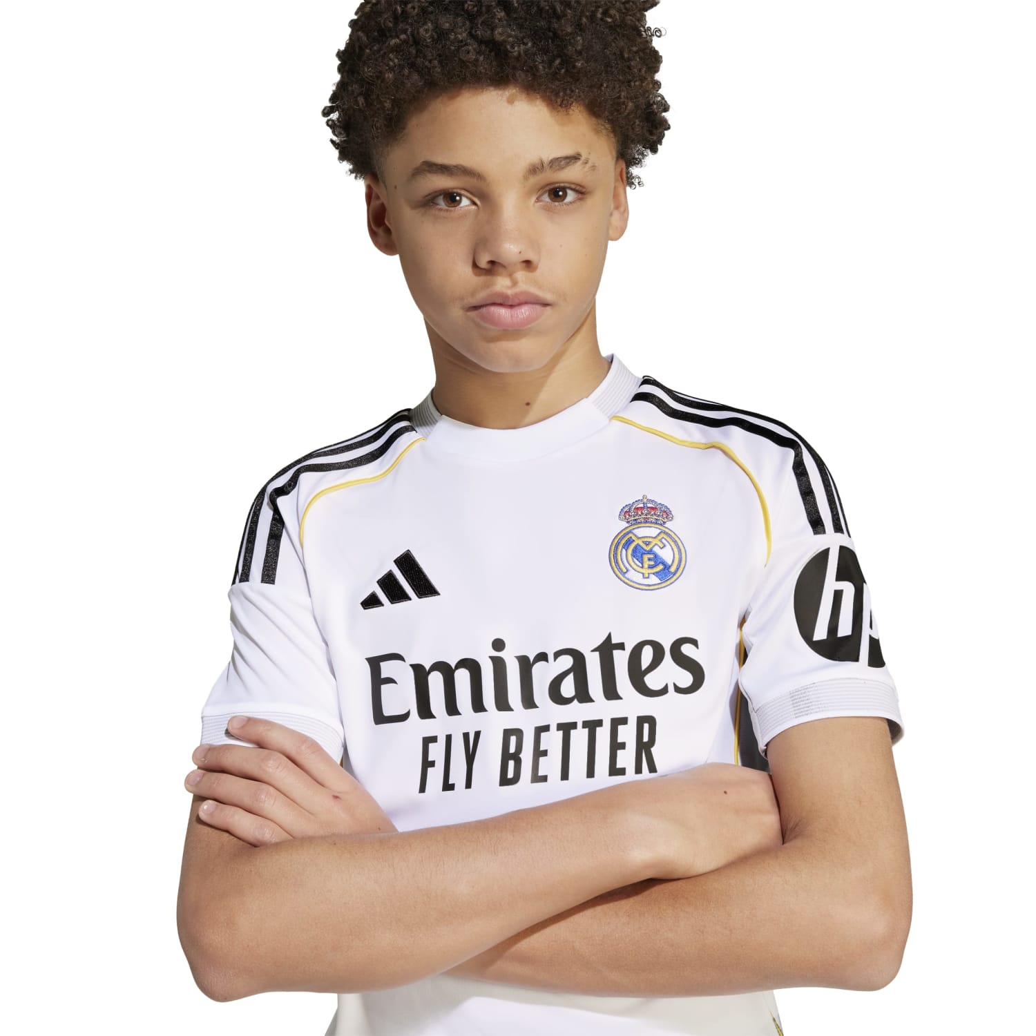 Close-up of fabric and stitching on the Real Madrid youth 25/26 replica jersey for young fans