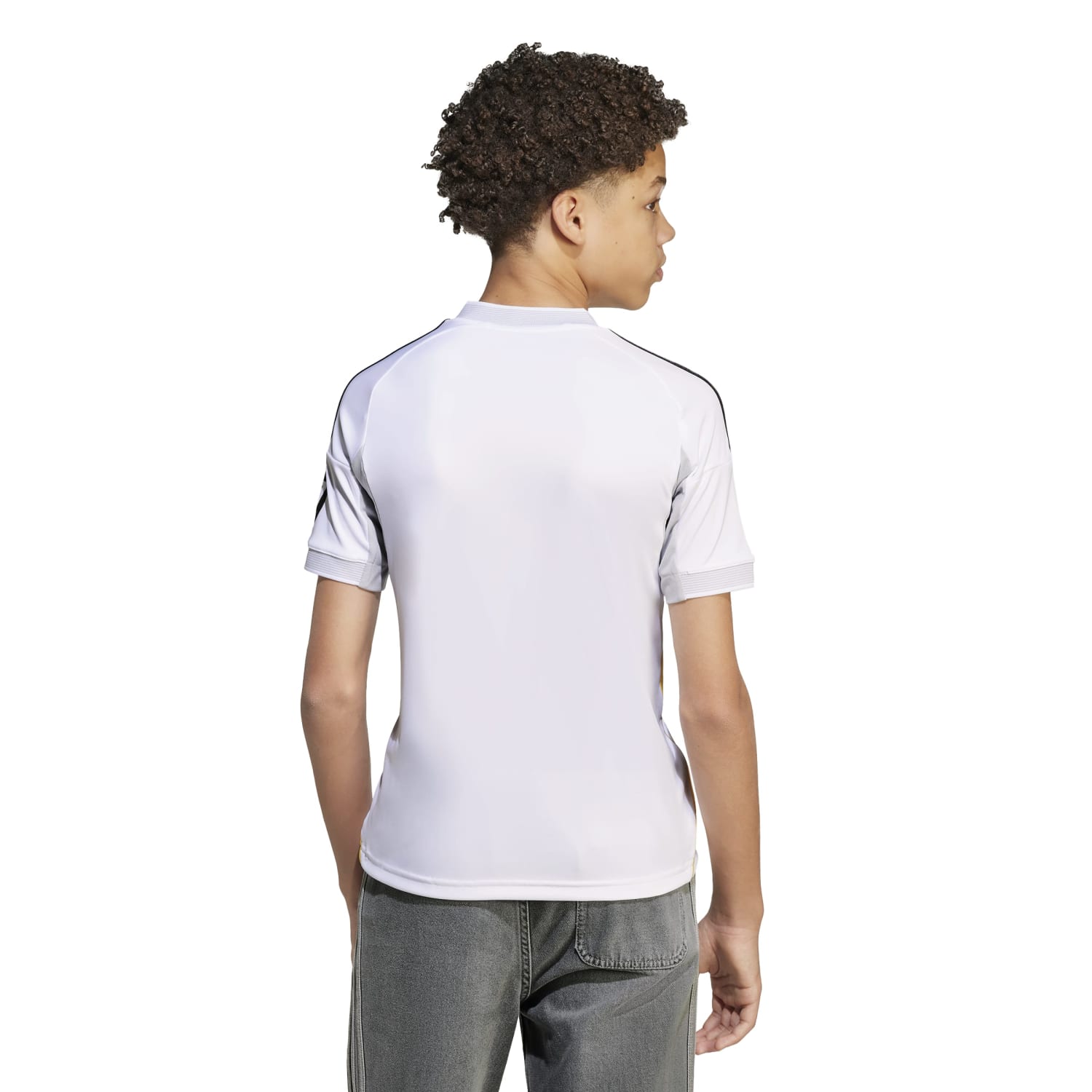 Front view of Real Madrid youth 25/26 replica home jersey for kids, showing team logo and design details
