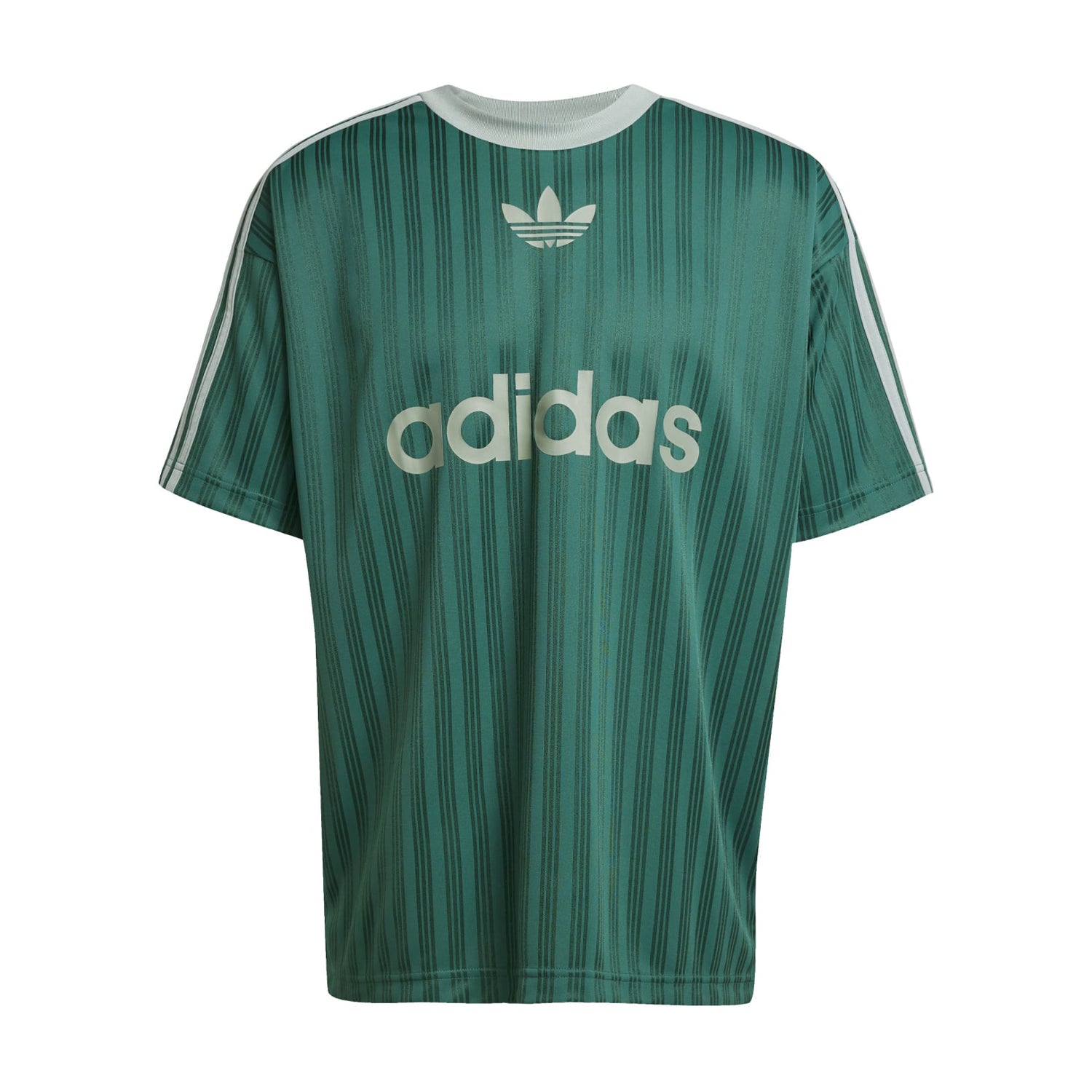 Front view of the Adicolor jersey for men, showing relaxed fit and iconic three-stripe sleeves