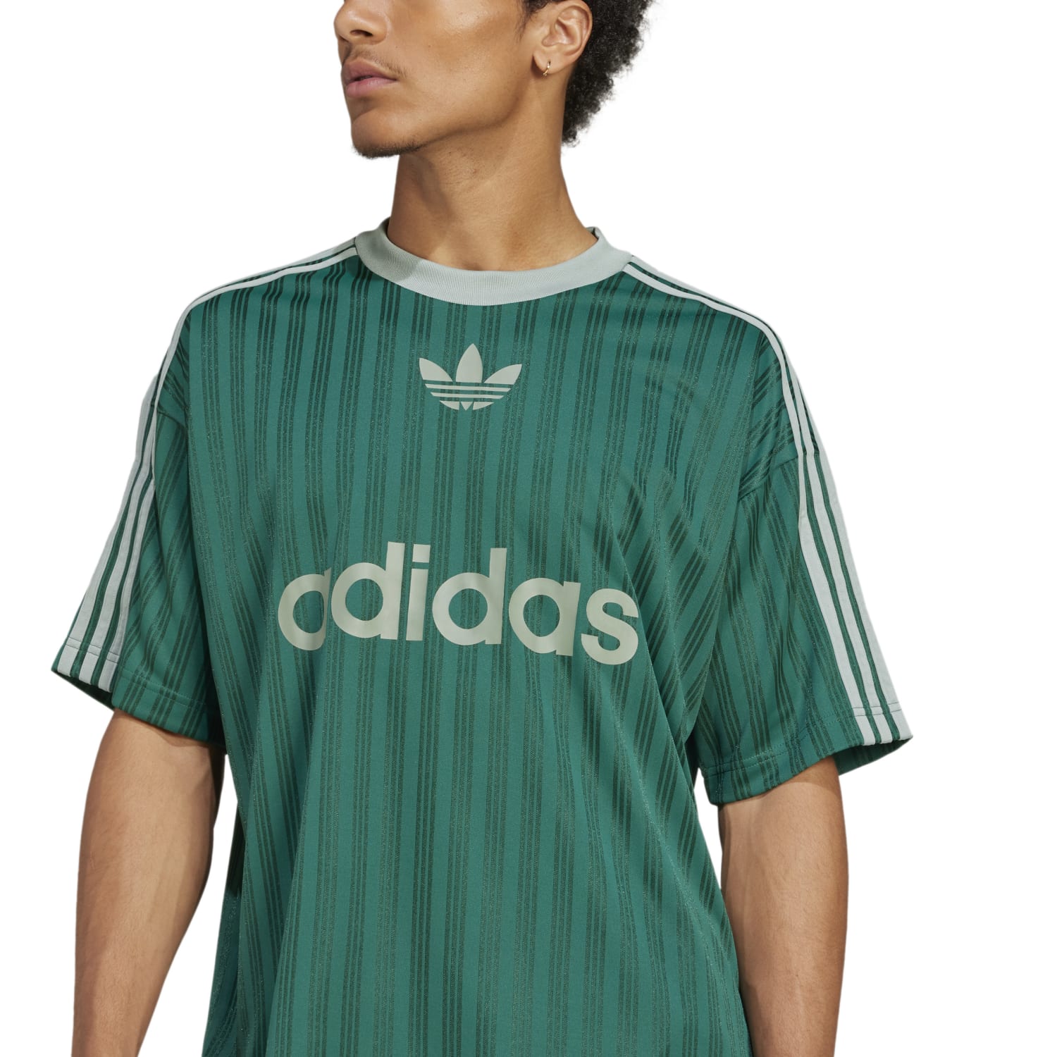 Front view of the Adicolor jersey for men, showing relaxed fit and iconic three-stripe sleeves