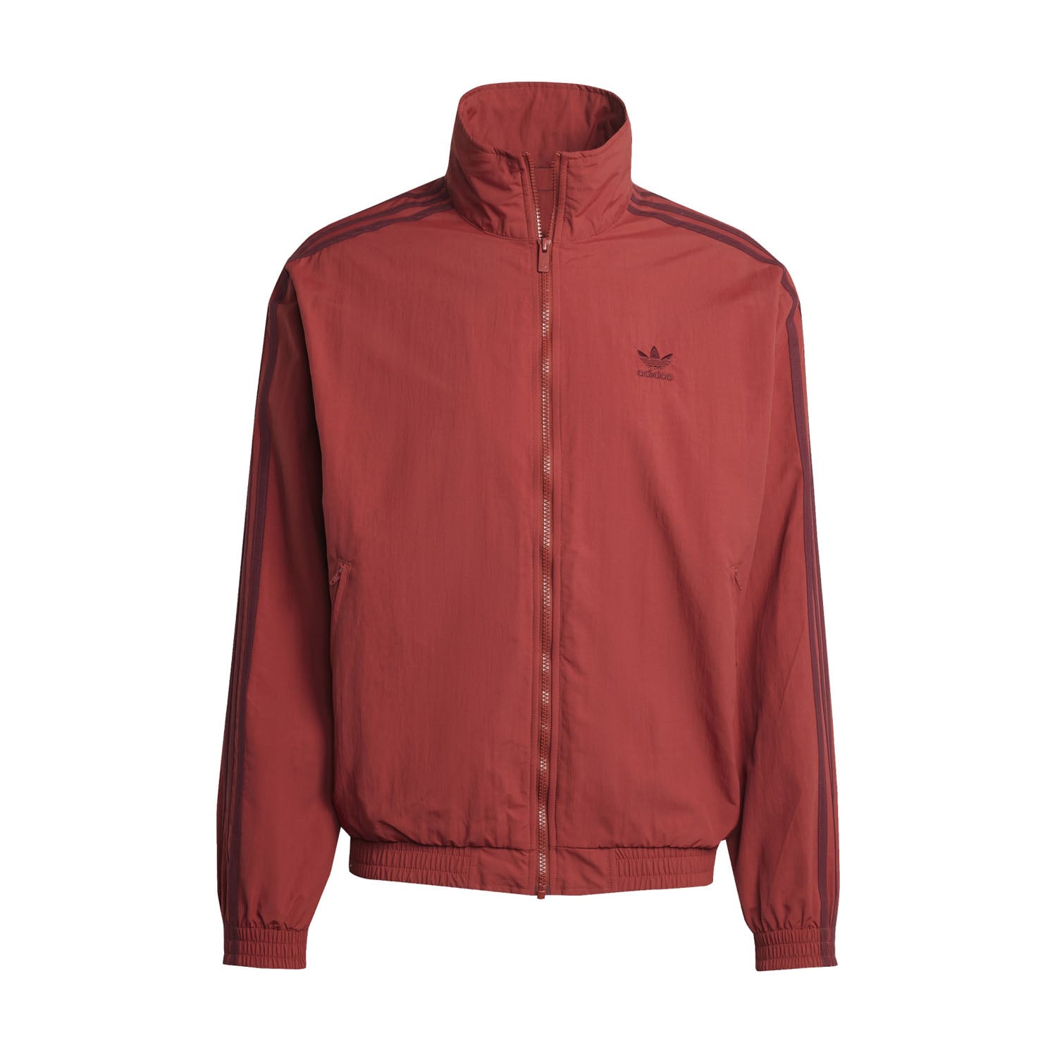 Front view of Adidas vintage men's track jacket showcasing the iconic three-stripe design. Front view of Adidas vintage men's track jacket showcasing the iconic three-stripe design.