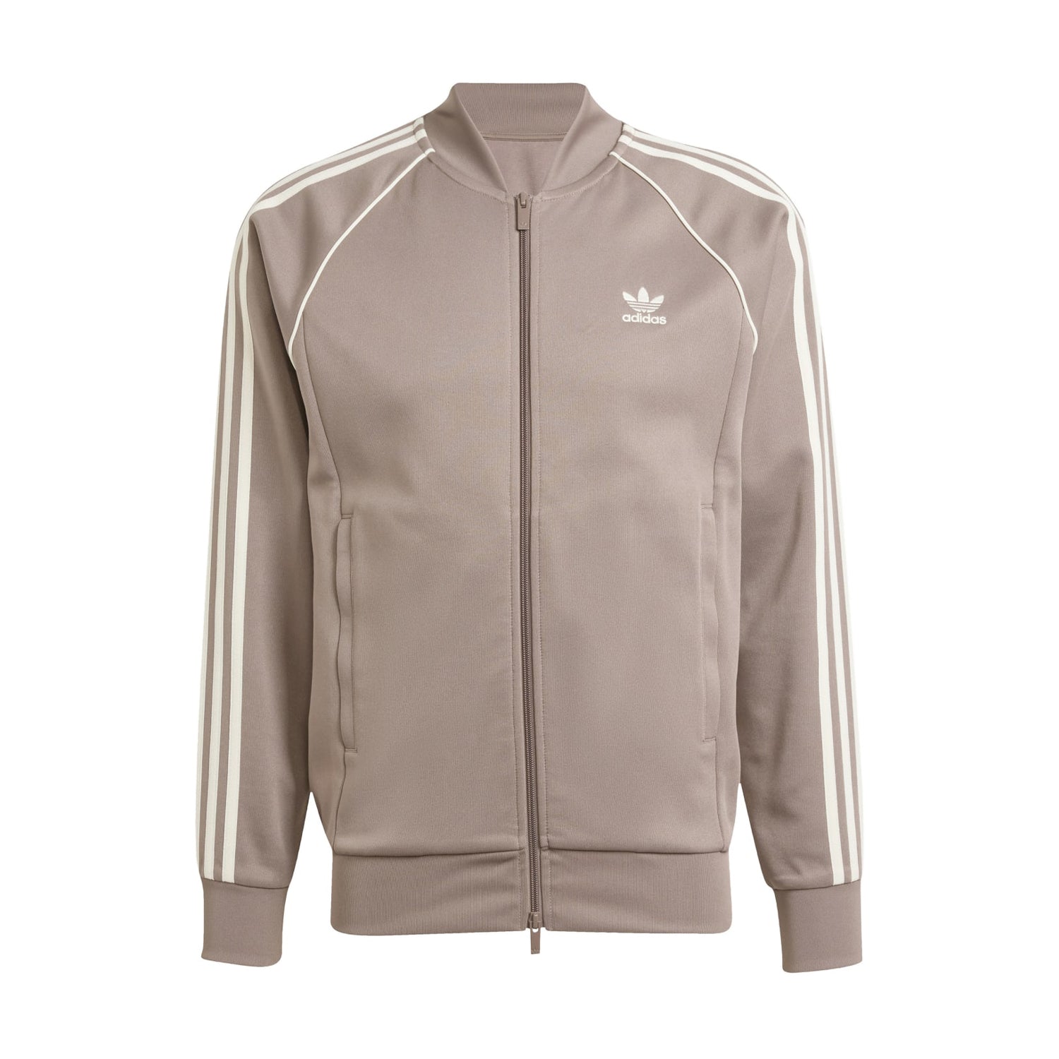 Front view of the adidas Primeblue Superstar track jacket showing full zip and ribbed collar