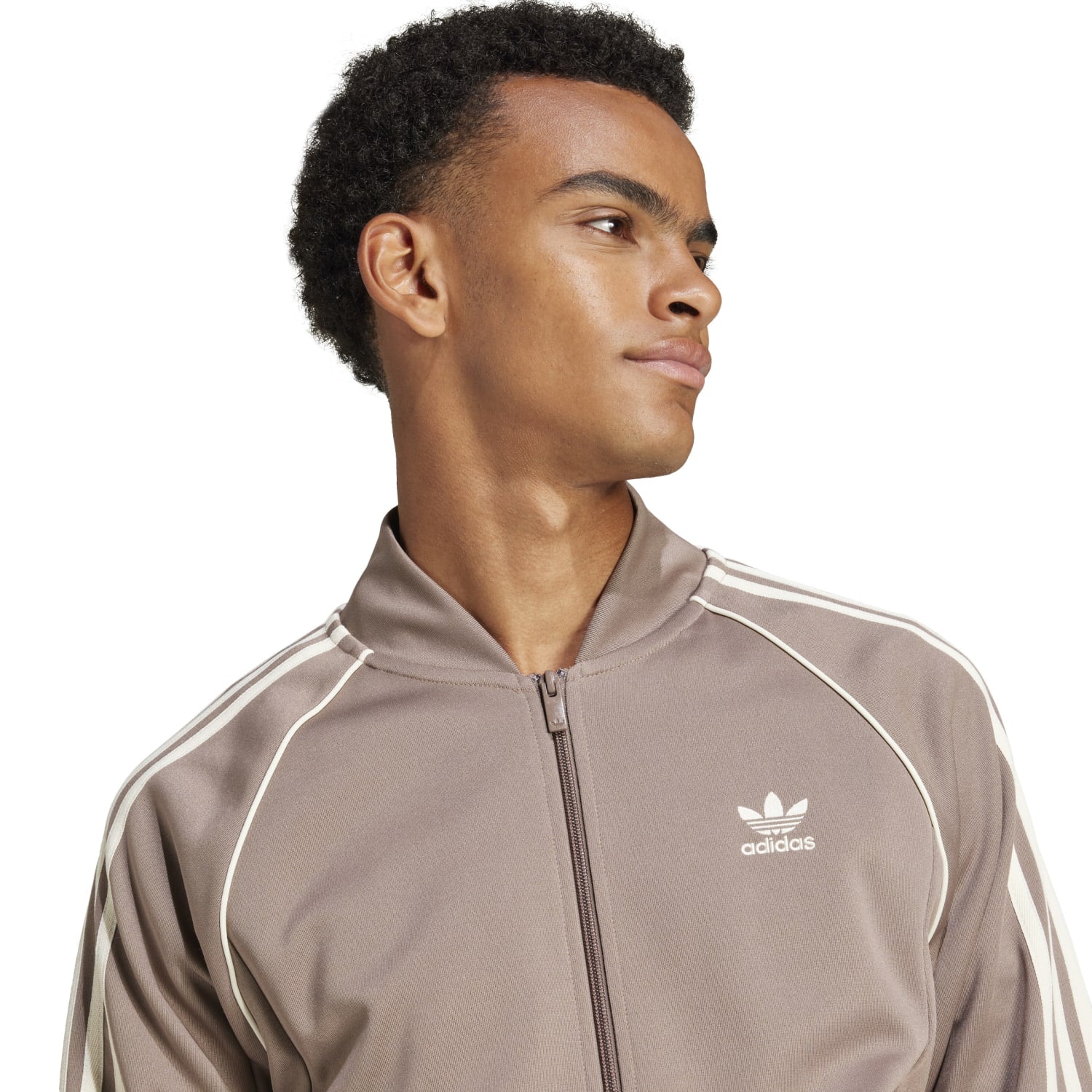 Front view of the adidas Primeblue Superstar track jacket showing full zip and ribbed collar