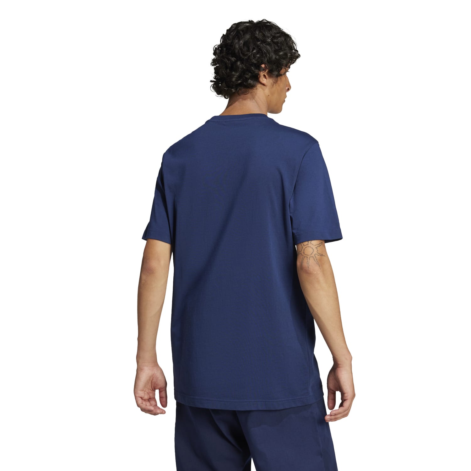 Close-up of ribbed crewneck and logo detail on mens cotton T-shirt