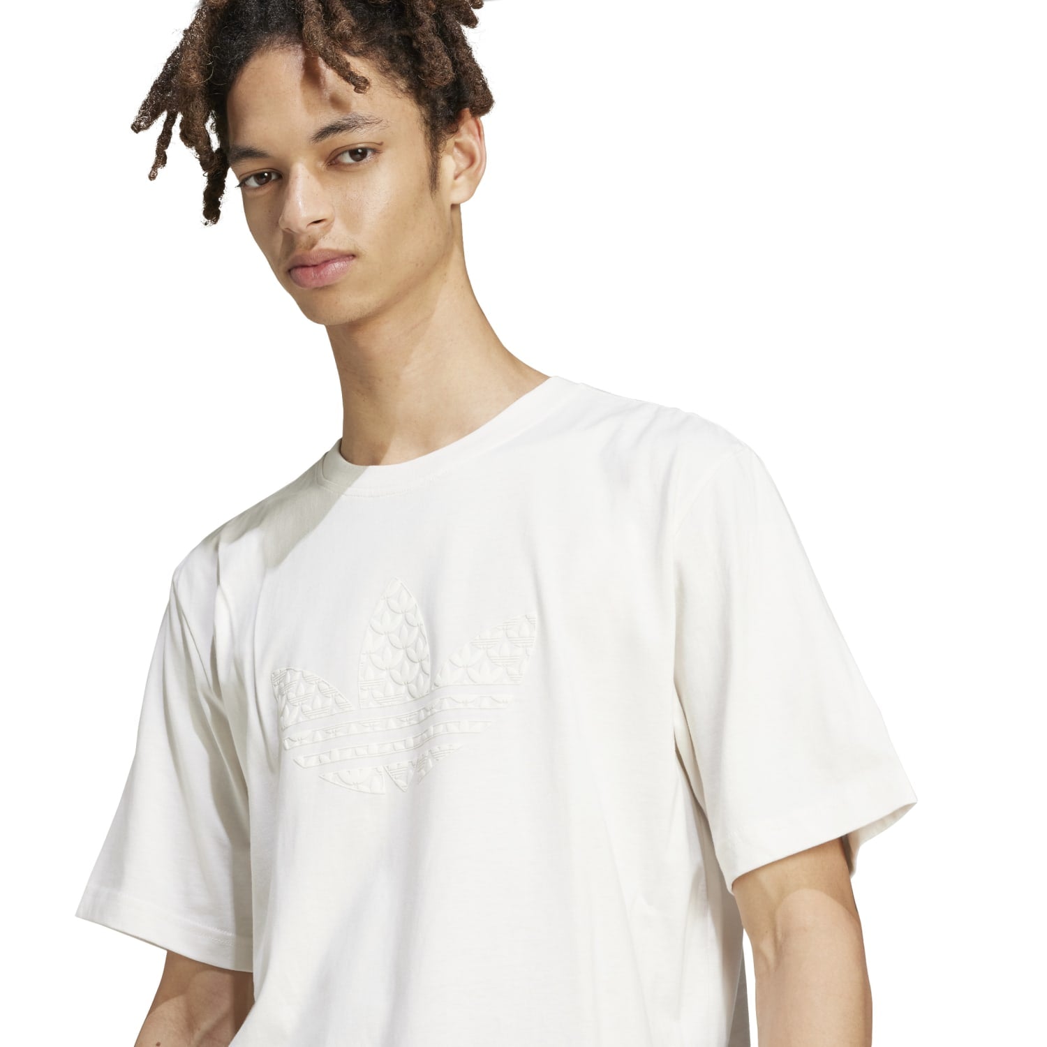 Front view of Adidas Mens Monogram Loose Fit Cotton Tee featuring classic Trefoil logo.