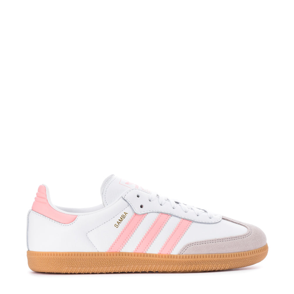 Close-up of Adidas Samba OG youth shoes showing leather upper and gum sole
