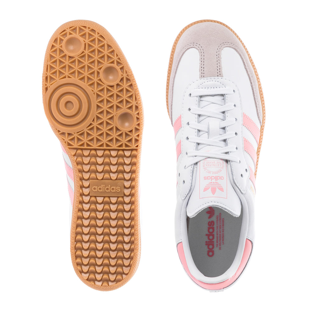 Close-up of Adidas Samba OG youth shoes showing leather upper and gum sole