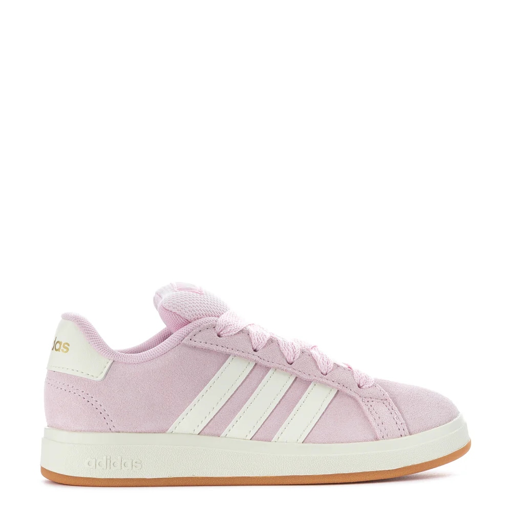 Close-up of Adidas Grand Court 00s kids sneakers in white leather, highlighting the sleek design and quality craftsmanship