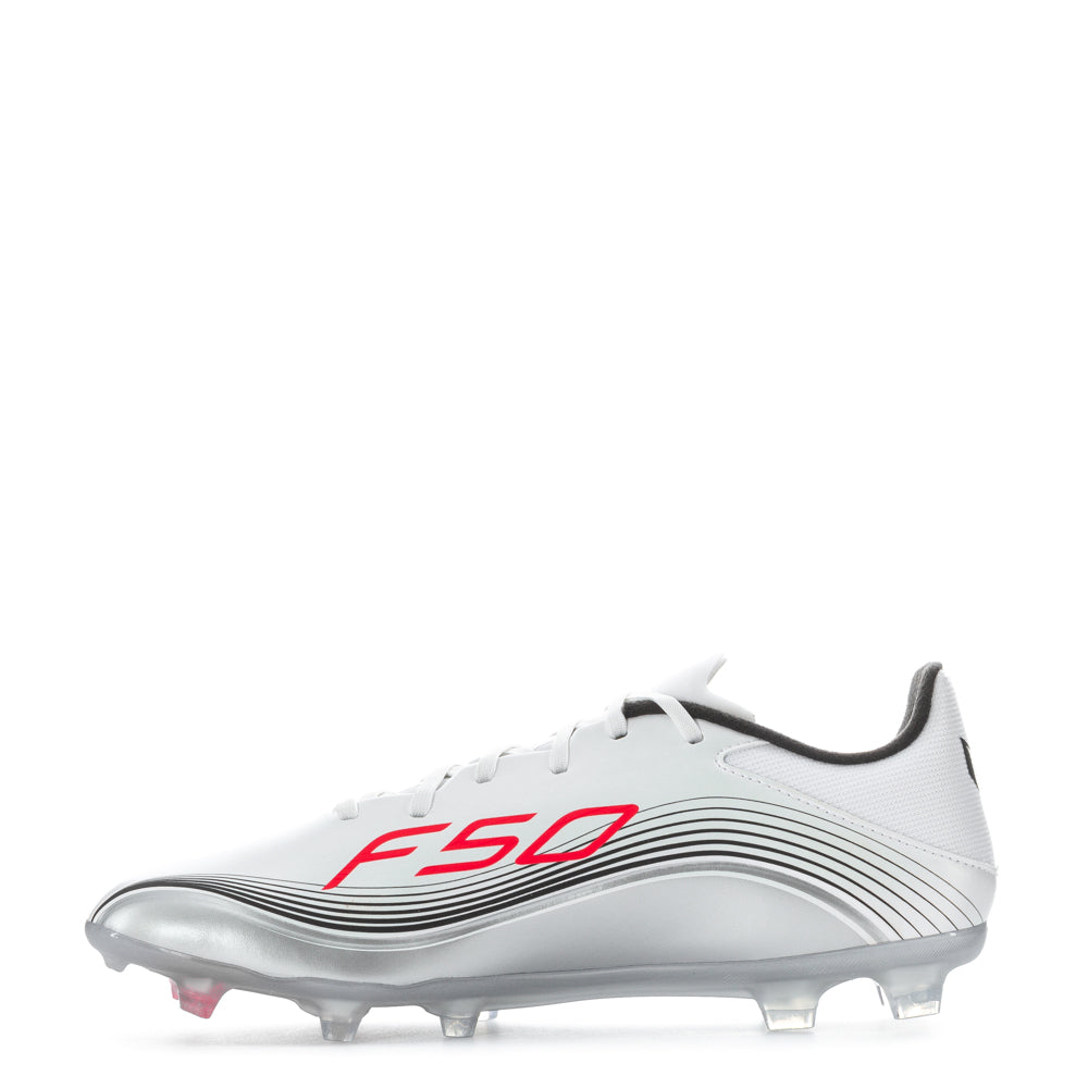 Side view of Adidas Messi football shoes highlighting HybridTouch upper and traction studs