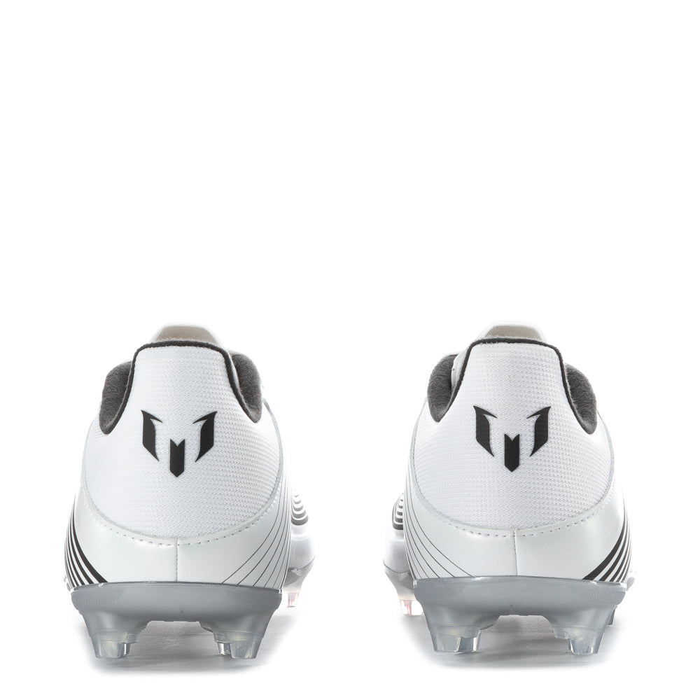 Side view of Adidas Messi football shoes highlighting HybridTouch upper and traction studs
