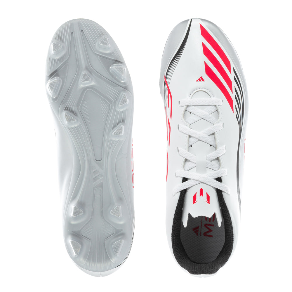Side view of Messi F50 Club FG youth soccer cleats showcasing the unique spike pattern for traction.
