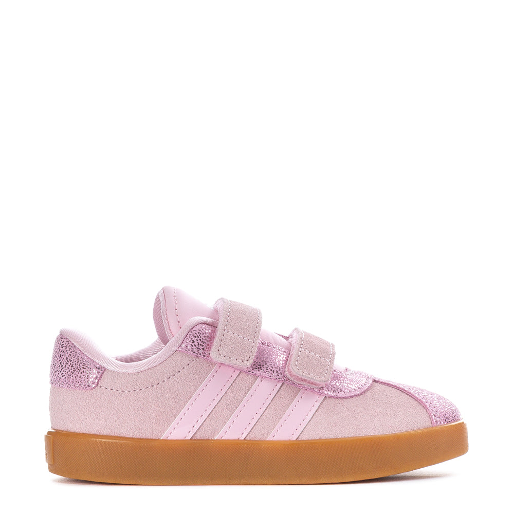 Side view of Adidas VL Court 3.0 toddler sneakers with Velcro closure, durable sole for active kids
