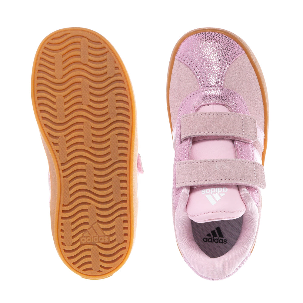 Side view of Adidas VL Court 3.0 toddler sneakers with Velcro closure, durable sole for active kids