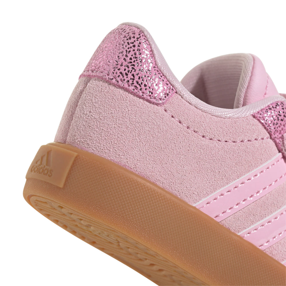 Side view of Adidas VL Court 3.0 toddler sneakers with Velcro closure, durable sole for active kids