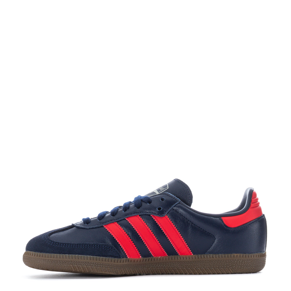 Close-up of Adidas Samba OG mens shoes showing leather and stitch details
