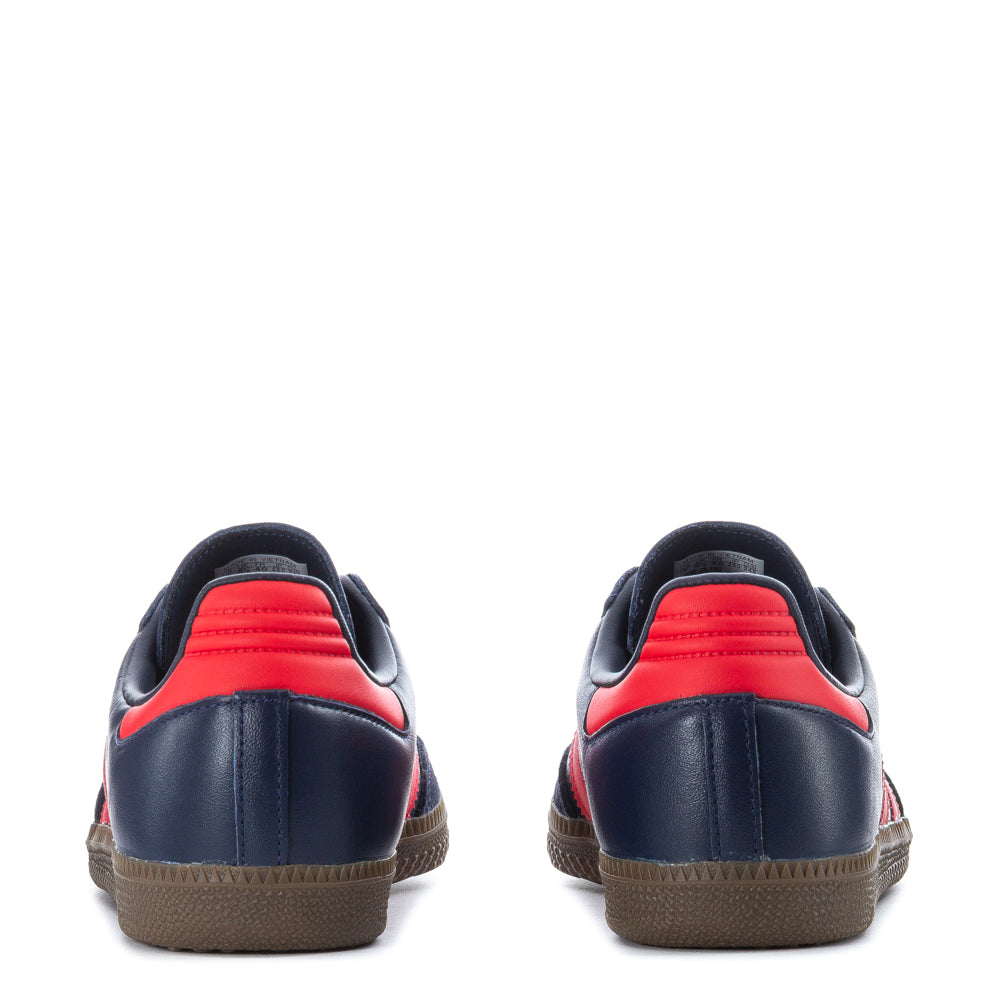 Close-up of Adidas Samba OG mens shoes showing leather and stitch details