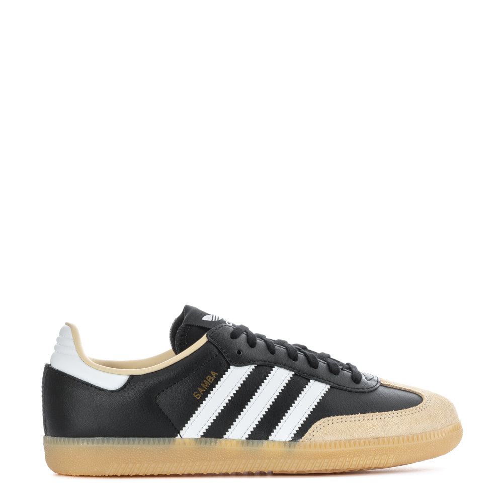 Close-up of Adidas Samba OG youth sneakers showing leather and suede details