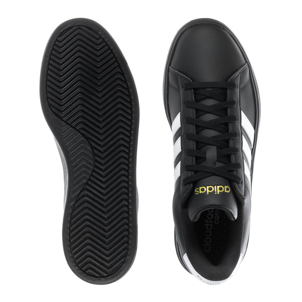 Side view of Adidas Grand Court 2.0 mens sneakers highlighting the synthetic leather upper