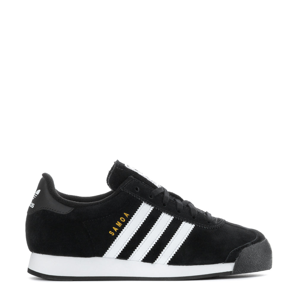 Close-up of adidas Samoa youth sneakers showing leather upper and rubber toe bumper