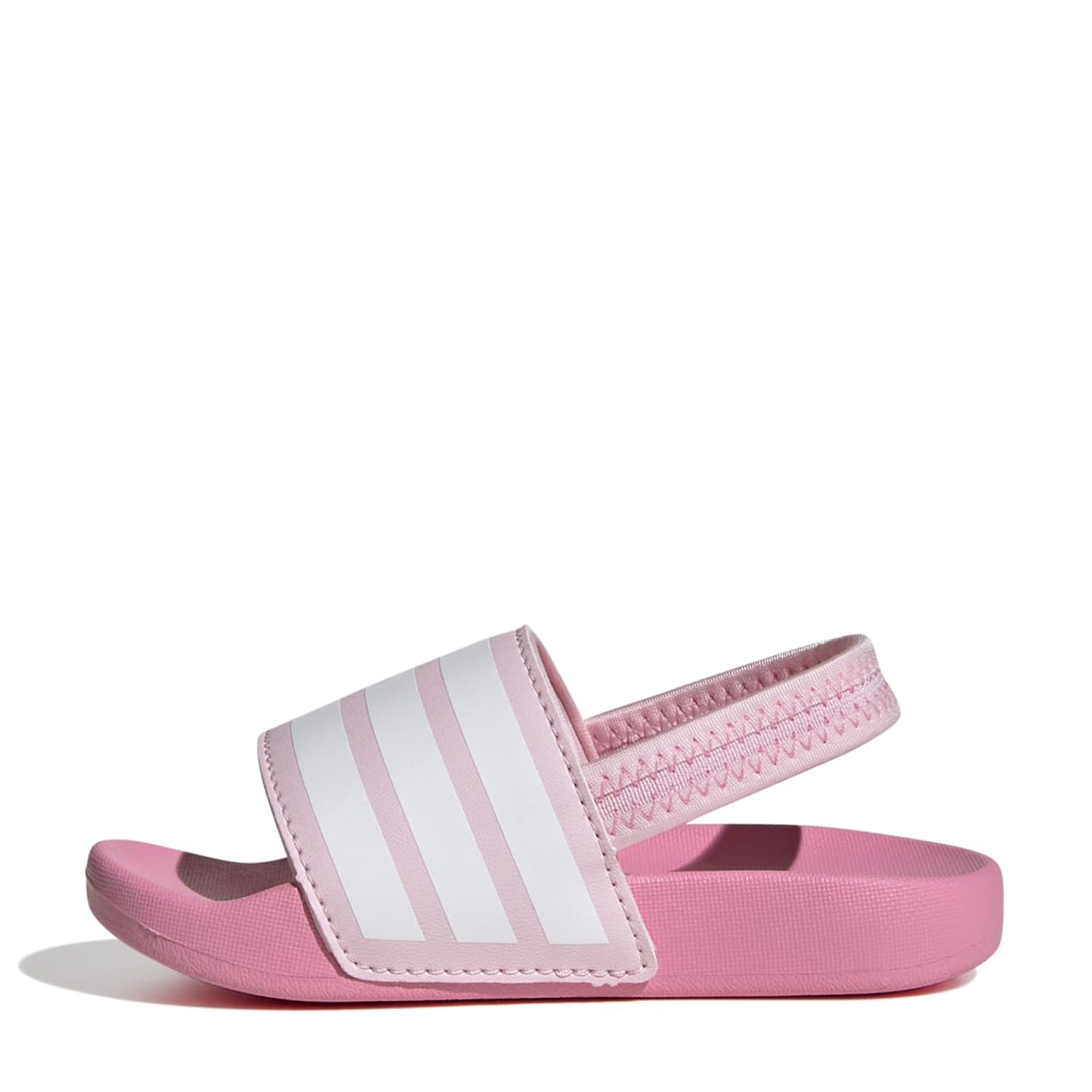 Close-up of synthetic slide-on toddler shoes from Adidas
