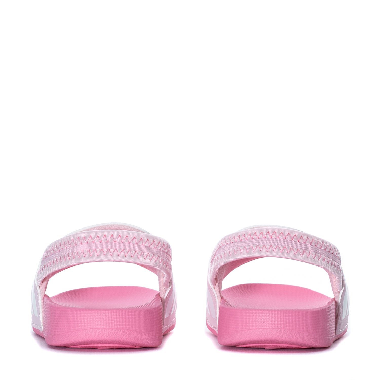 Close-up of synthetic slide-on toddler shoes from Adidas