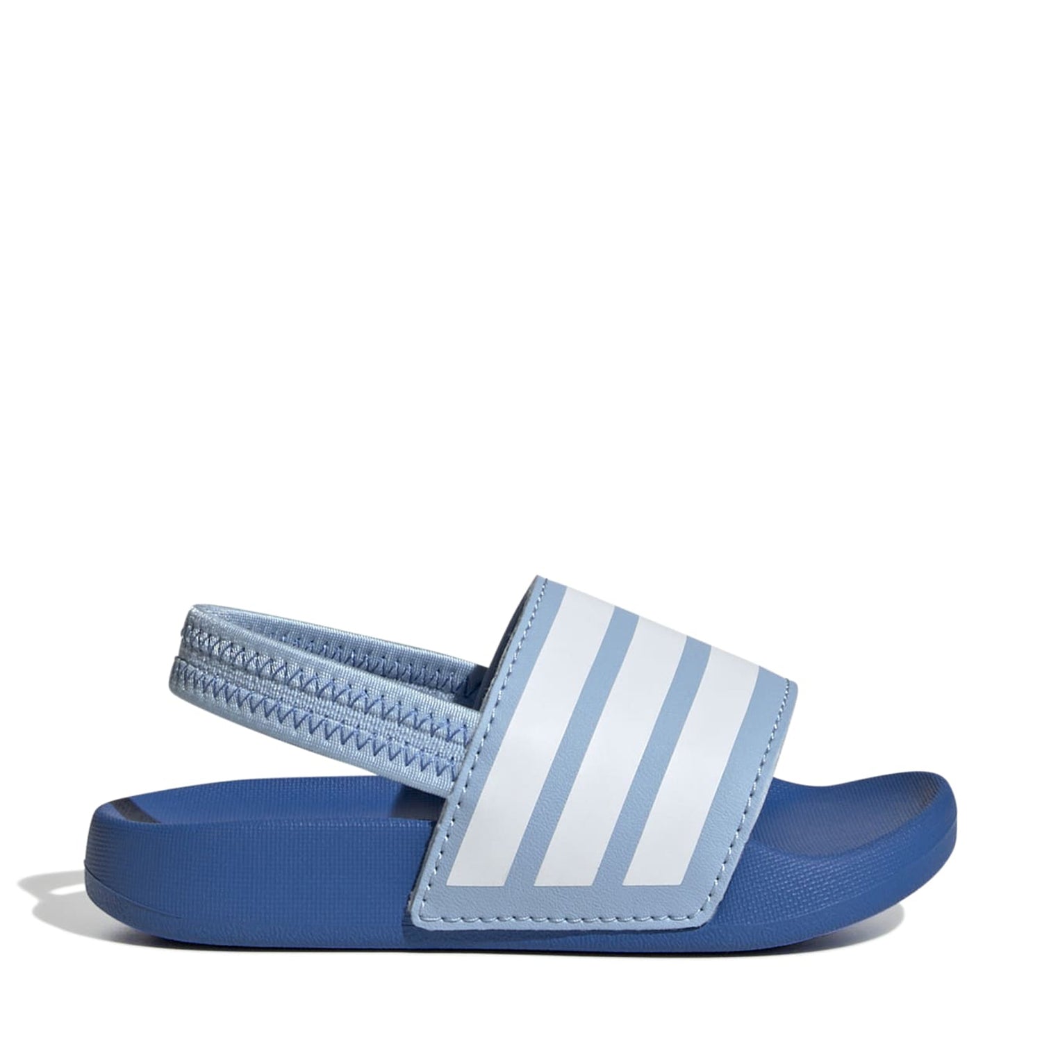Side view of adidas toddler slides showing slip-on design and synthetic upper