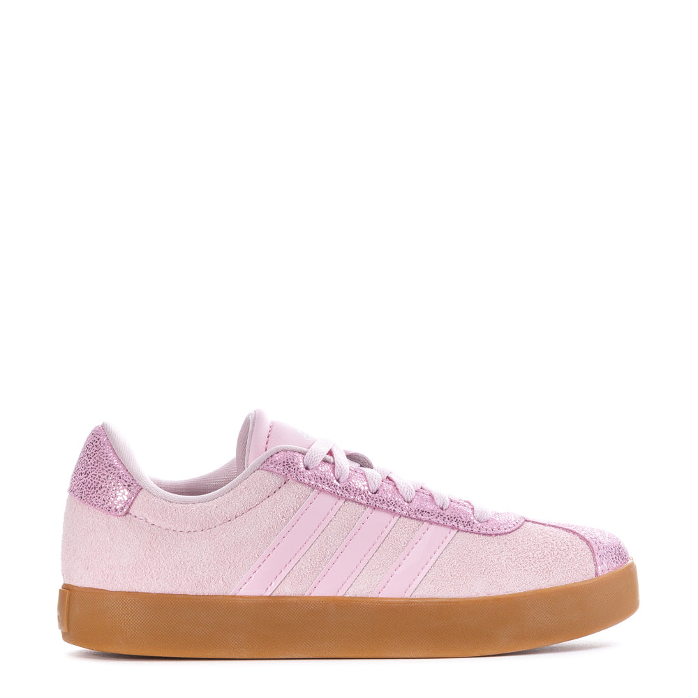 Close-up of adidas VL Court 3.0 kids sneakers showing suede upper and rubber sole