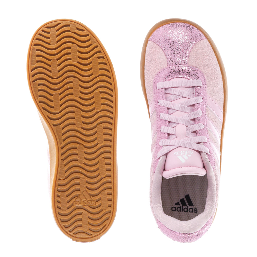 Close-up of adidas VL Court 3.0 kids sneakers showing suede upper and rubber sole