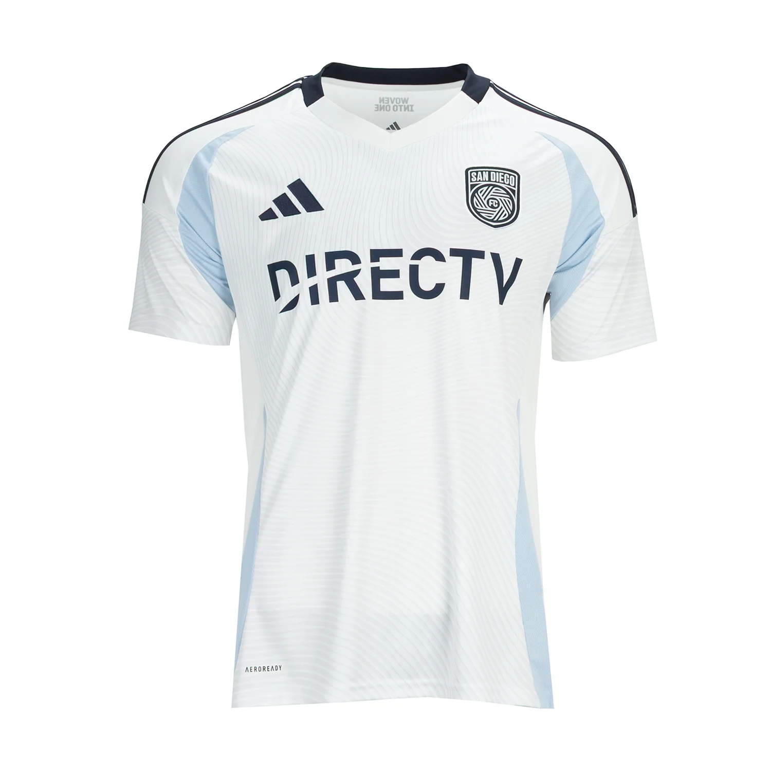 Front view of San Diego FC 25/26 Men's Away Replica Jersey highlighting the vibrant colors and team logo.