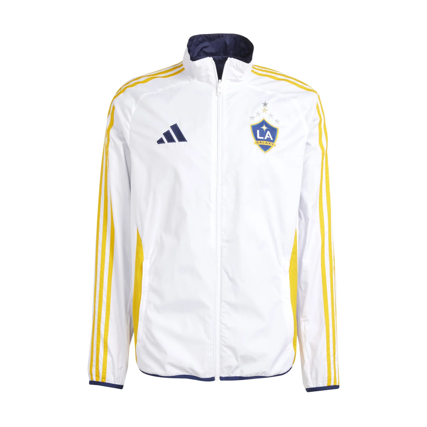 Front view of the Galaxy Anthem Men's Sports Jacket with Hood, showcasing its vibrant white color and Galaxy emblem.