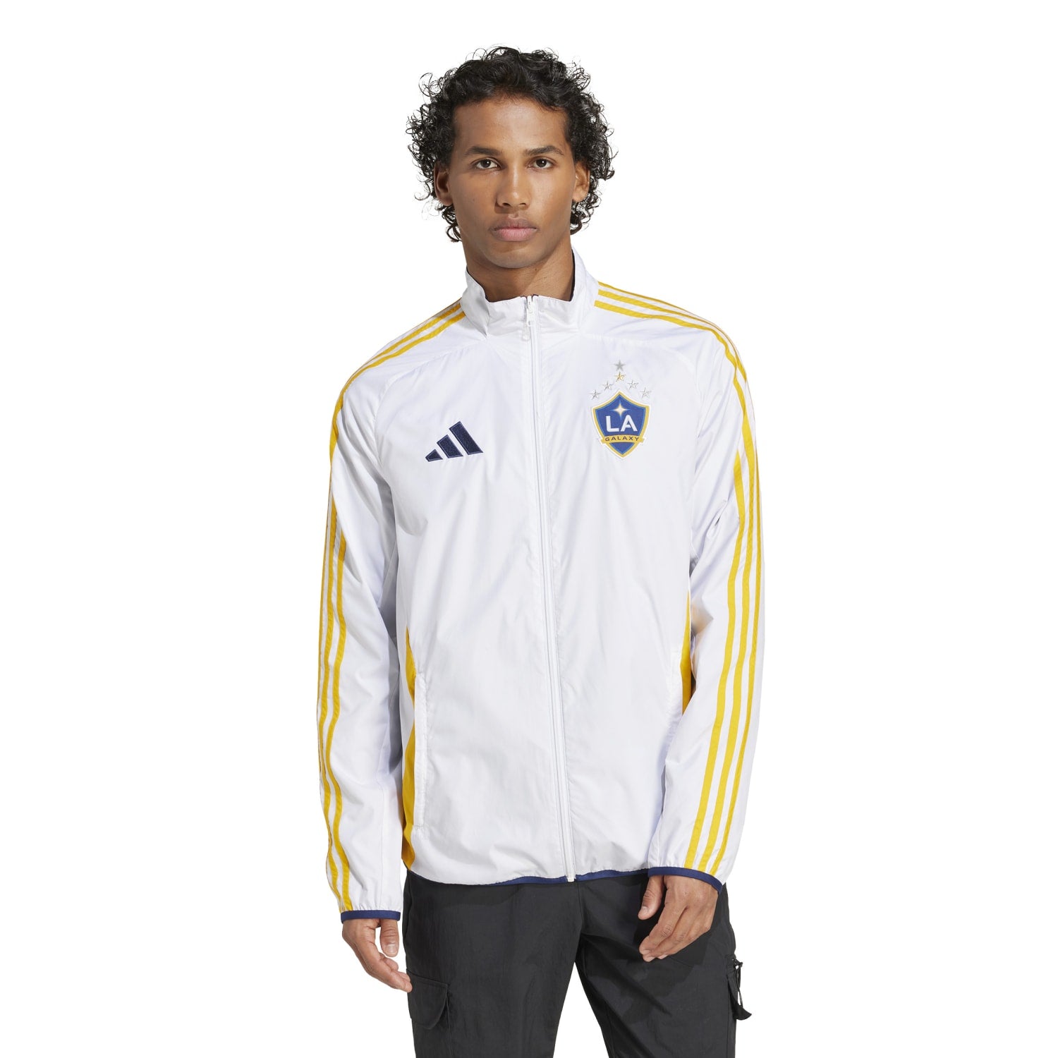 Front view of the Galaxy Anthem Mens Sports Jacket with Hood, showcasing its vibrant white color and Galaxy emblem.