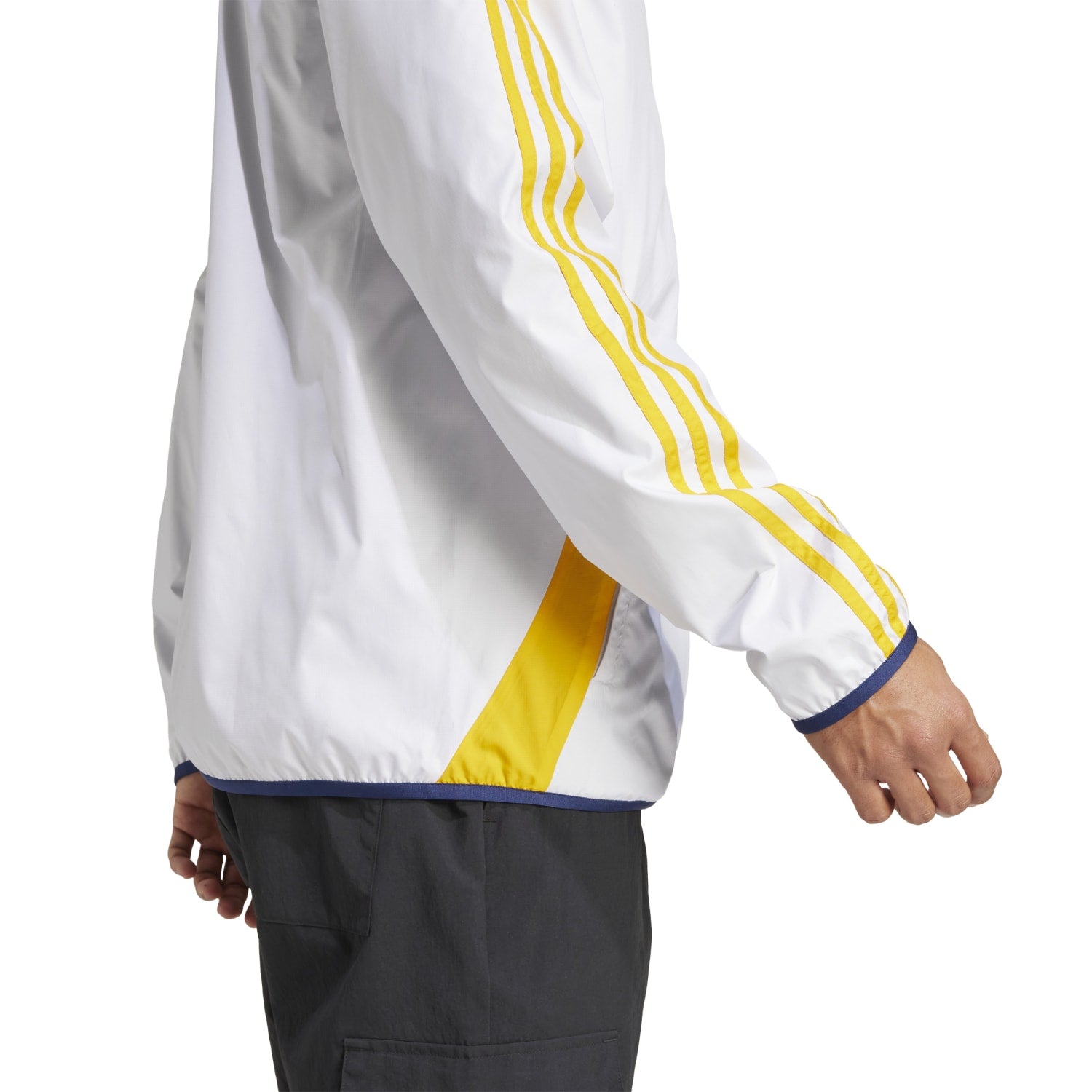 Front view of the Galaxy Anthem Mens Sports Jacket with Hood, showcasing its vibrant white color and Galaxy emblem.