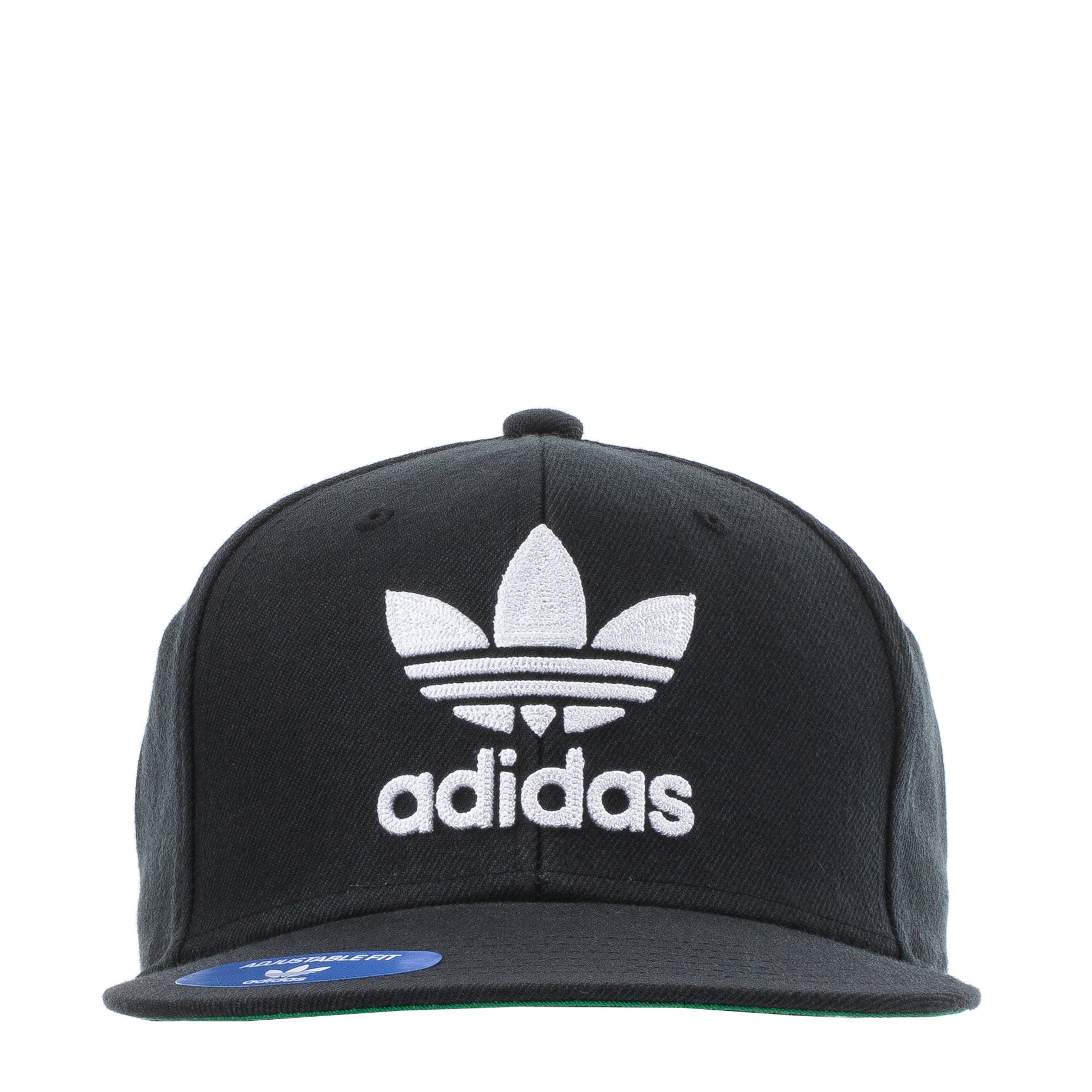 Front view of Adidas Originals Trefoil Chain Snapback cap, showcasing embroidered logo.