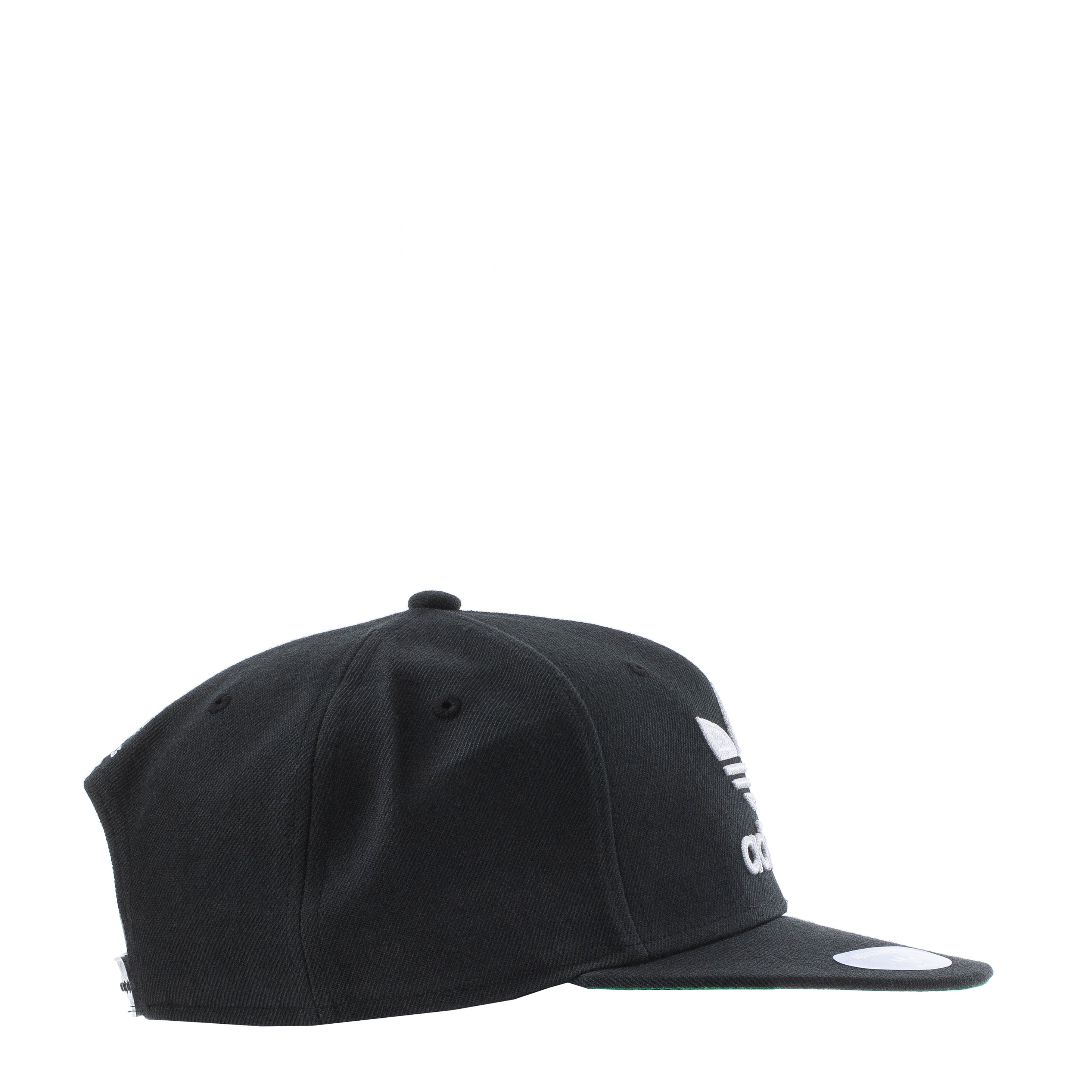 Side angle of Adidas Trefoil cap, highlighting adjustable snapback feature.