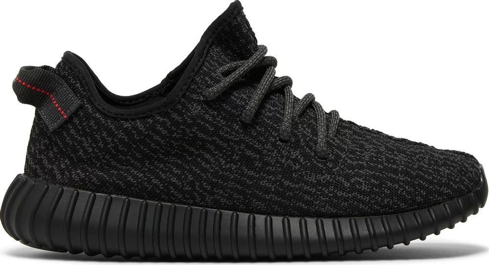 Adidas Yeezy Boost 350 Pirate Black side view showcasing sleek design and color.