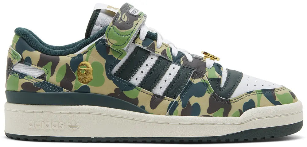 Side view of Adidas Forum 84 Low BAPE Edition sneakers showcasing the green camo pattern.