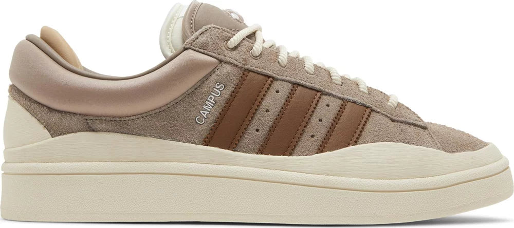 Side view of Adidas Campus Bad Bunny Chalky Brown sneakers showing sand beige suede and cream white sole