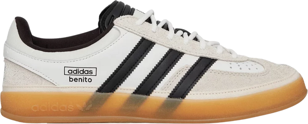 Side view of limited edition Adidas Gazelle Bad Bunny sneakers in Cloud White and Core Black.