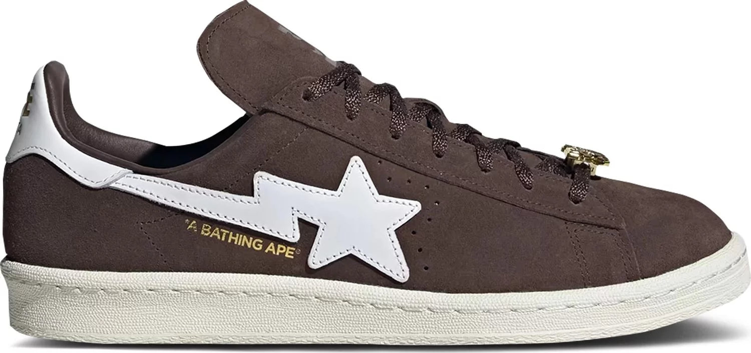 Adidas Campus 80s BAPE 30th Anniversary Sneakers in brown from a side angle Adidas Campus 80s BAPE 30th Anniversary Sneakers in brown from a side angle