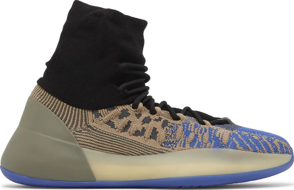 Adidas Yeezy Basketball Knit Slate Azure sneakers from the side, showing the knit upper and sleek design.