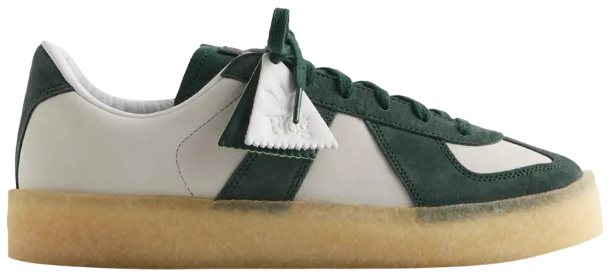 Top-down shot showcasing the Vitality Green suede and Adidas three stripes on these limited Clarks shoes