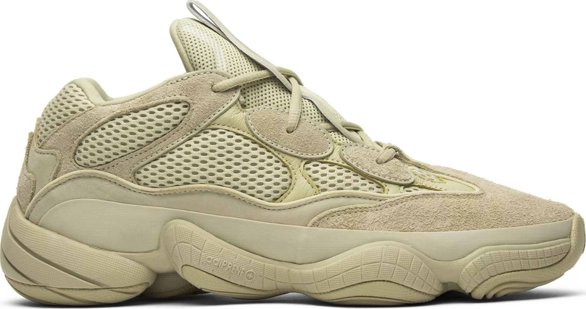 Side view of Yeezy 500 super moon yellow sneakers highlighting the bold color