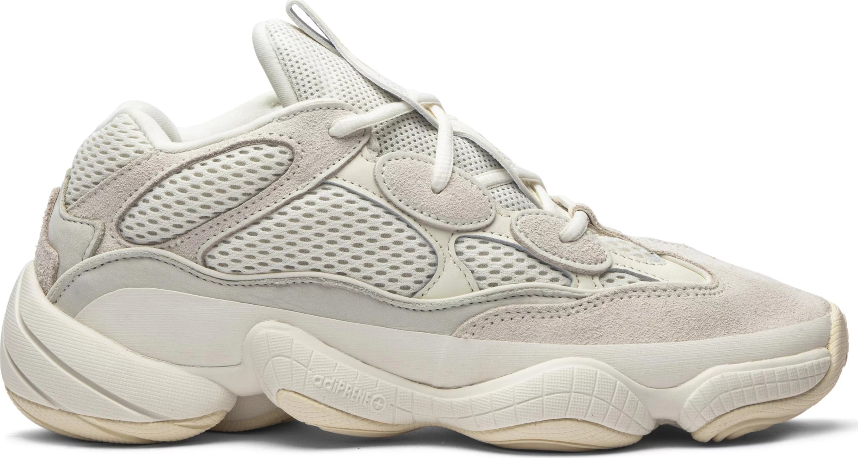 Side view of Adidas Yeezy 500 Bone White 2019 sneakers showcasing the sleek all-white design.