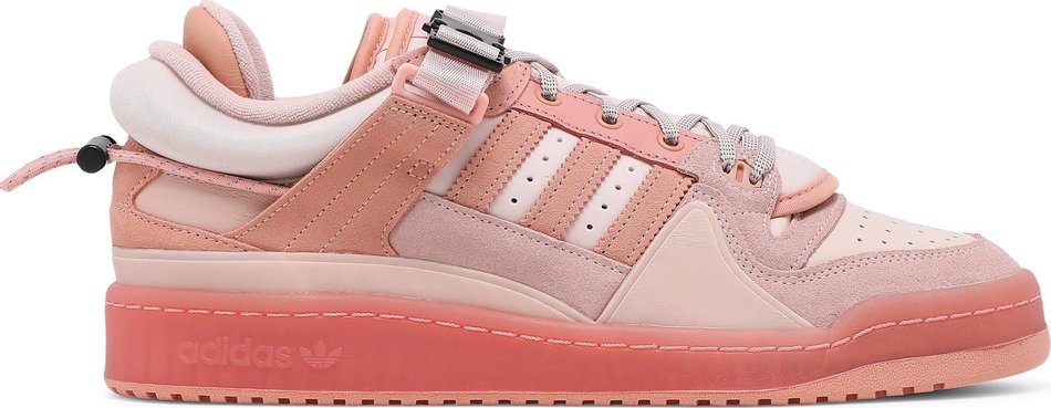 Side view of Adidas Forum Low Bad Bunny in pink Easter colorway, highlighting suede texture and signature details.