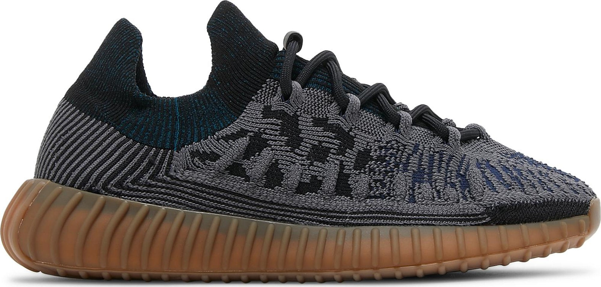 Side view of Adidas Yeezy 350 V2 Slate Blue sneakers highlighting the iconic design