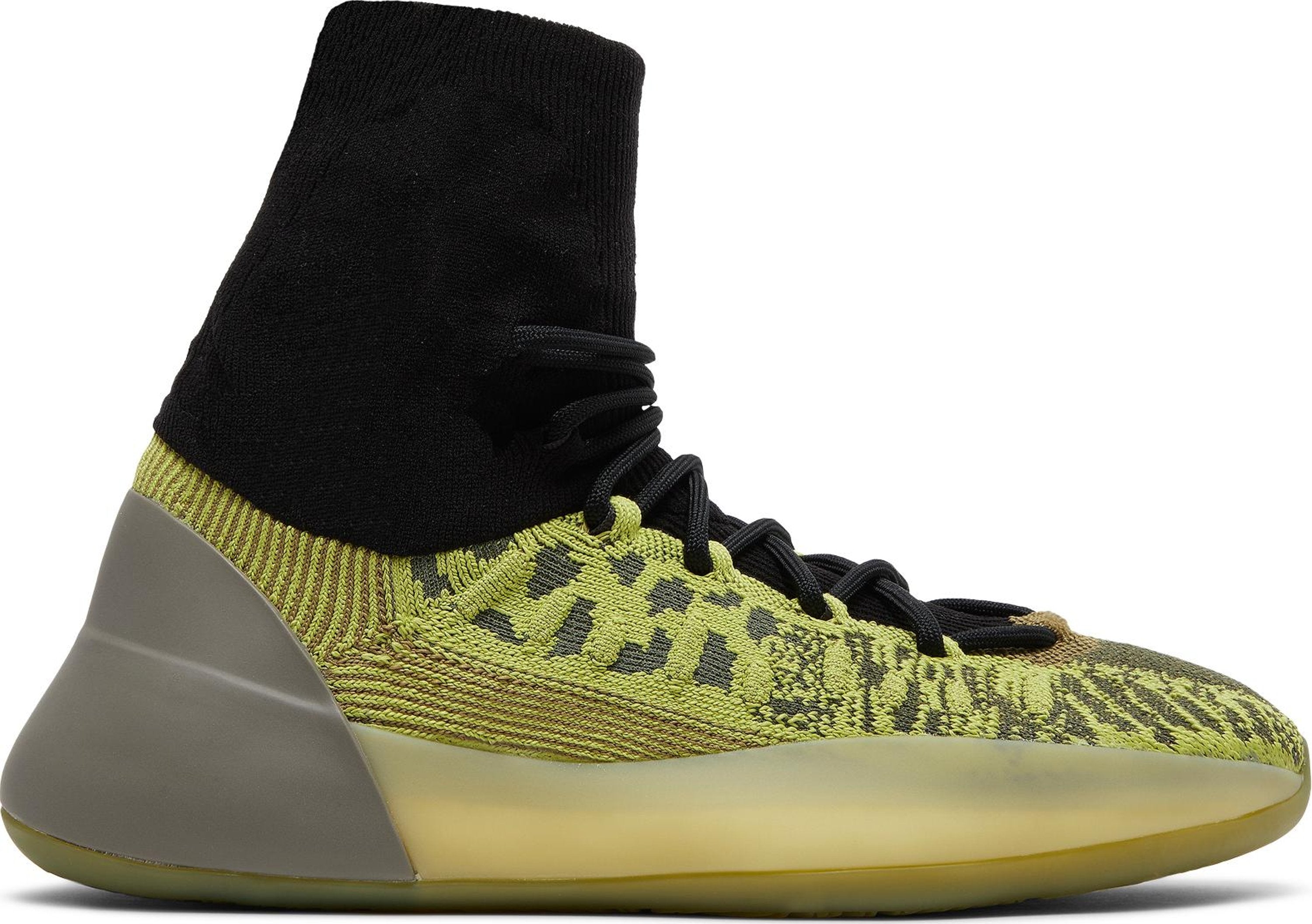 Adidas Yeezy basketball sneakers showcasing the Energy Glow colorway from a side angle.