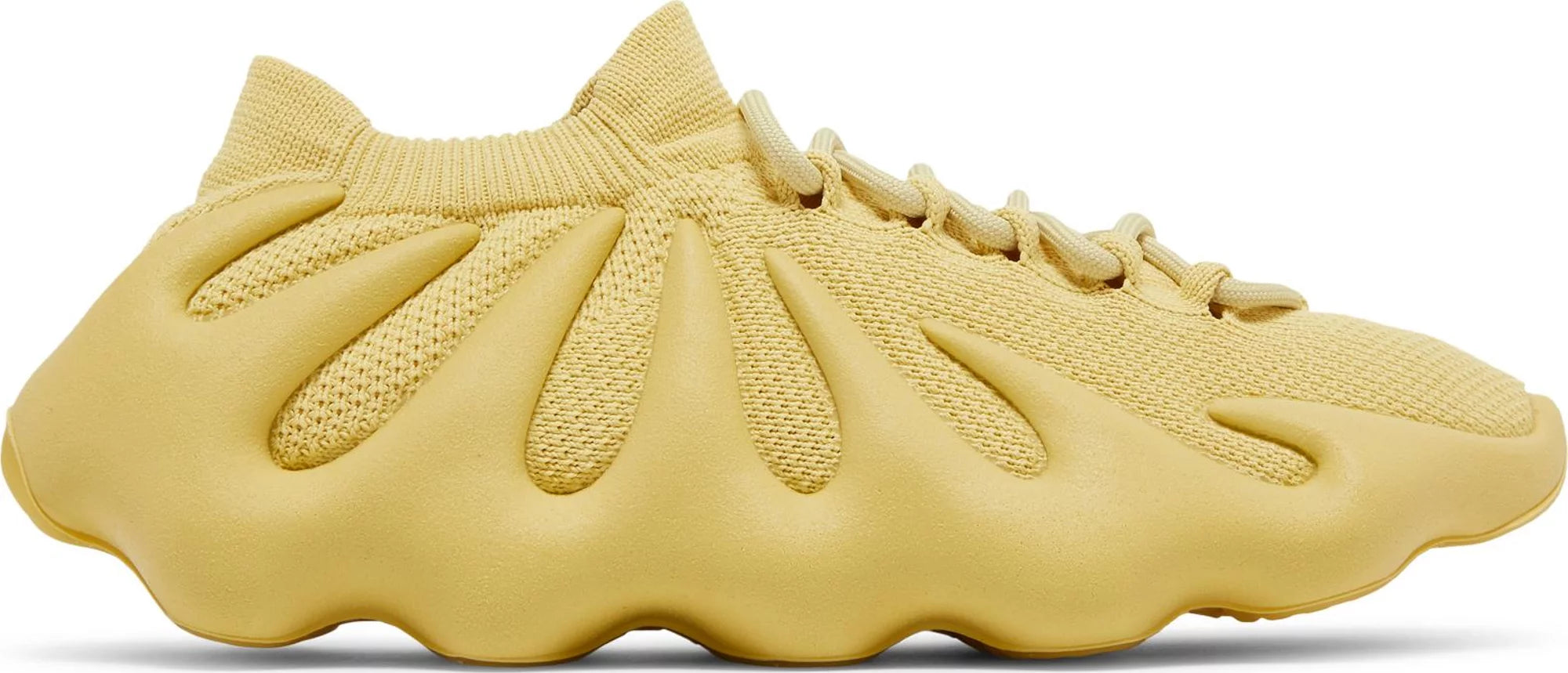 Side view of Adidas Yeezy 450 Sulfur sneakers highlighting their unique silhouette.