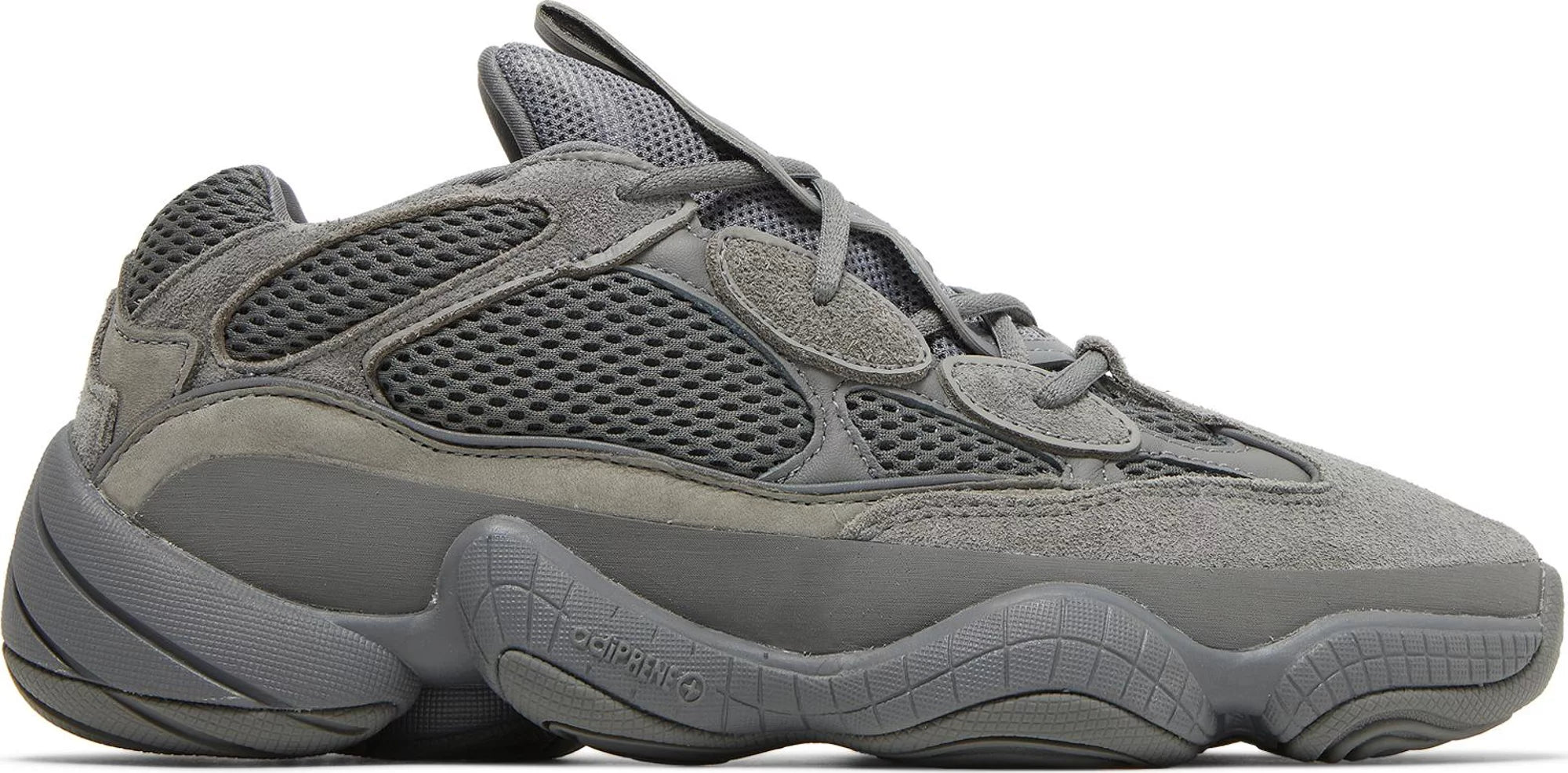 Adidas Yeezy 500 Granite sneakers from the side, showcasing the unique design and color.