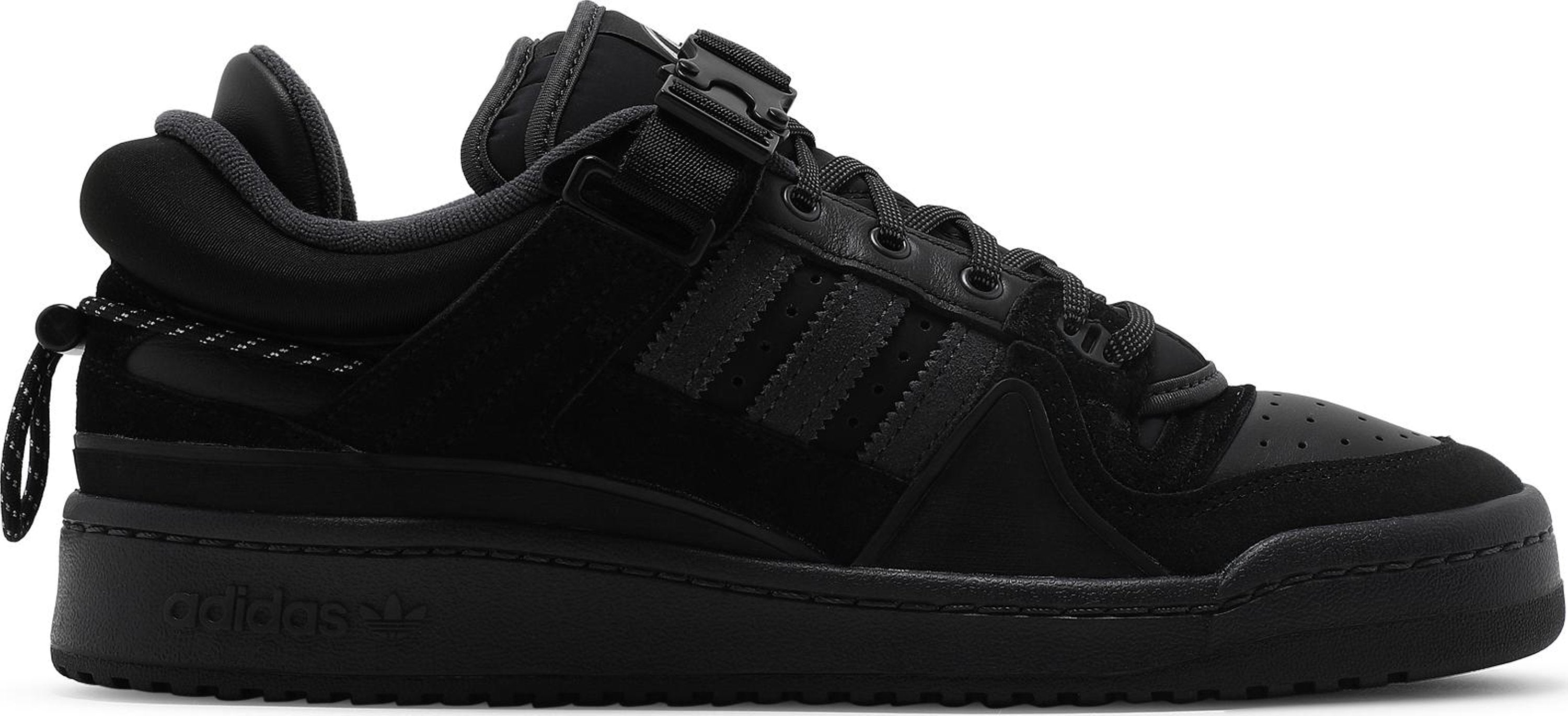 Adidas Forum Low Bad Bunny sneakers from the side, showcasing their sleek Core Black design.